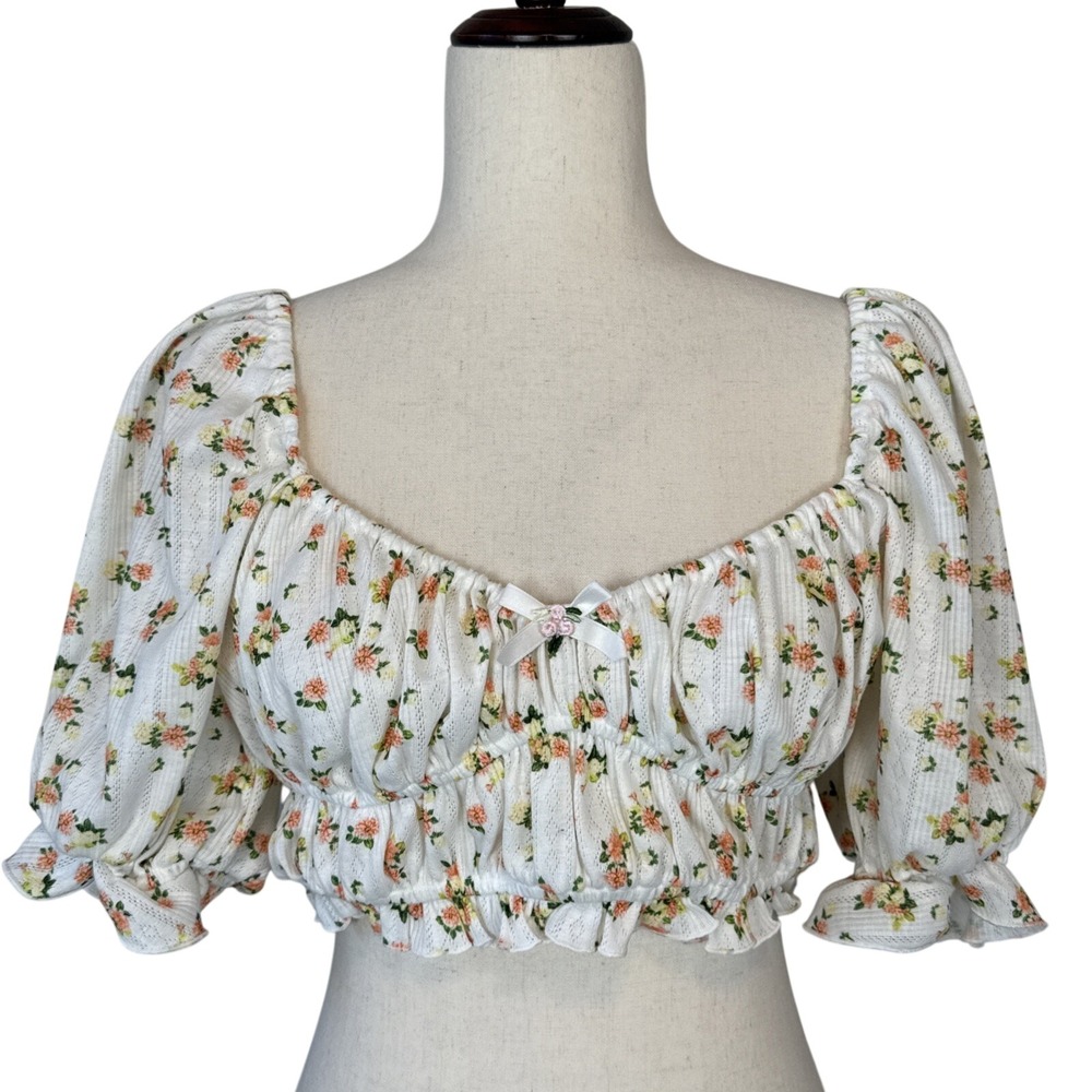 For Love & Lemons Lola Pointelle Crop Top Size L White Floral Short Puff Sleeve